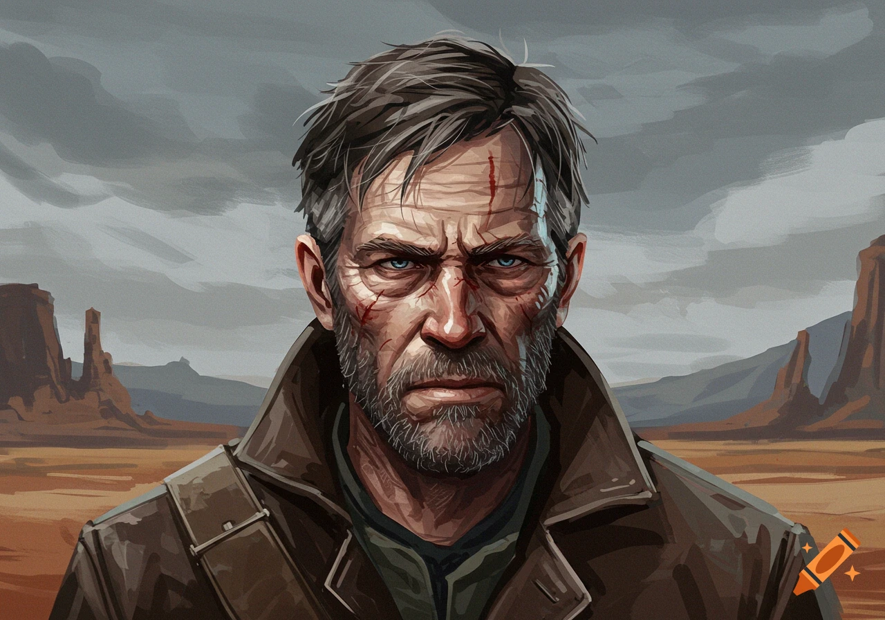 Portrait of a weathered man with scars in a desert landscape.