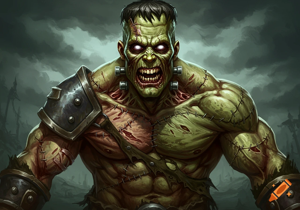 A Frankenstein-like monster with glowing white eyes