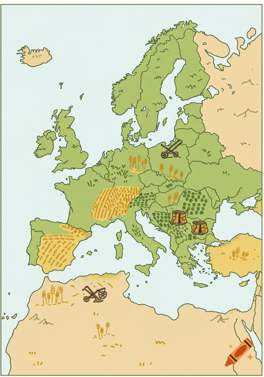 A simple illustrated map shows the spread of agriculture across Europe and North Africa, depicting fields and tools.