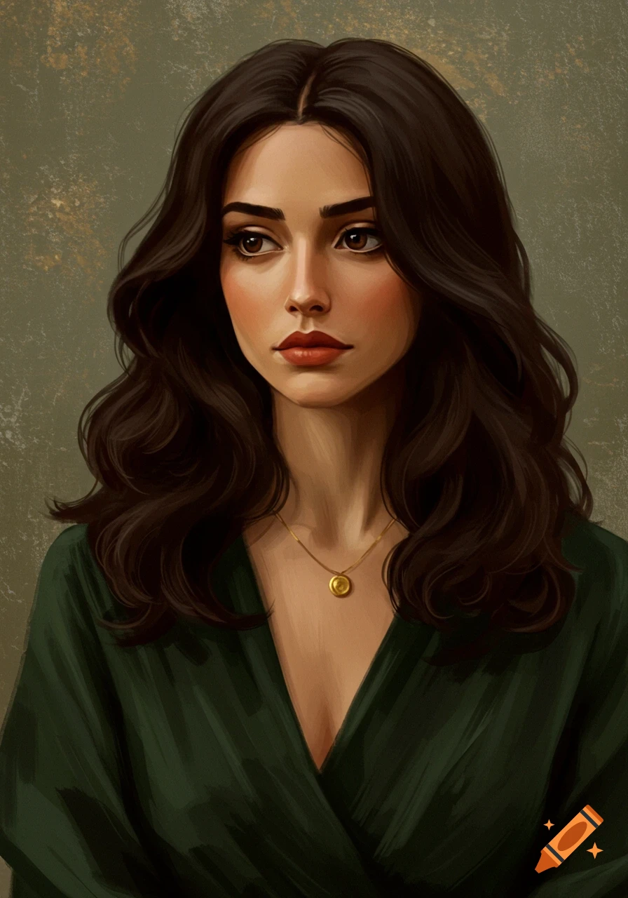 A brunette woman with brown eyes, wearing a green dress and gold necklace.