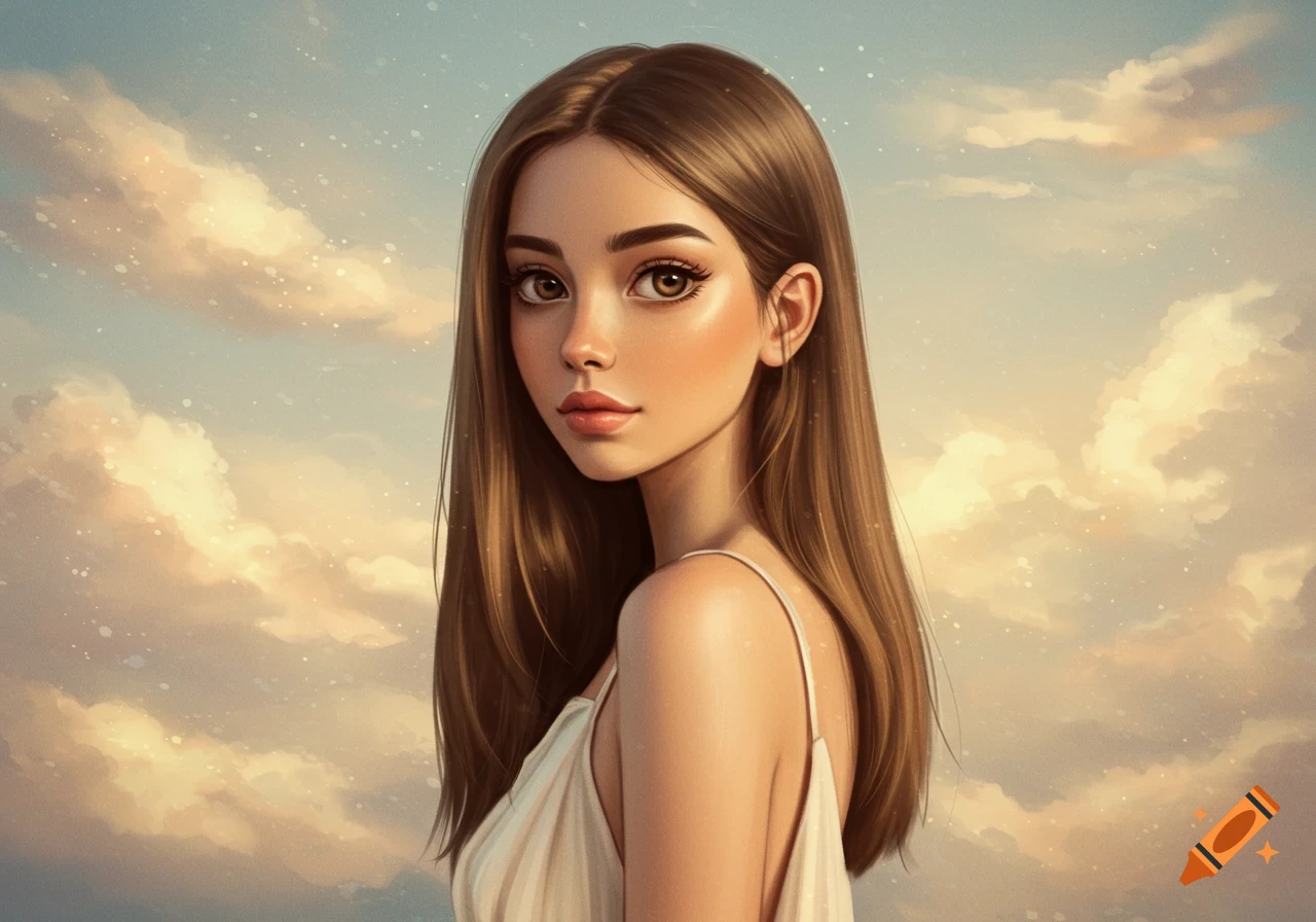 A girl with long brown hair stands against a cloudy sky.