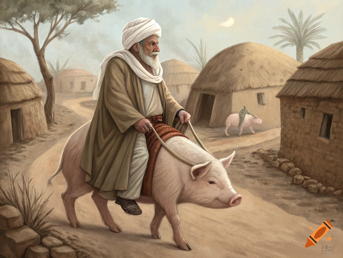 An old man riding a pig down a village road, with another pig in the background, in a painterly style.