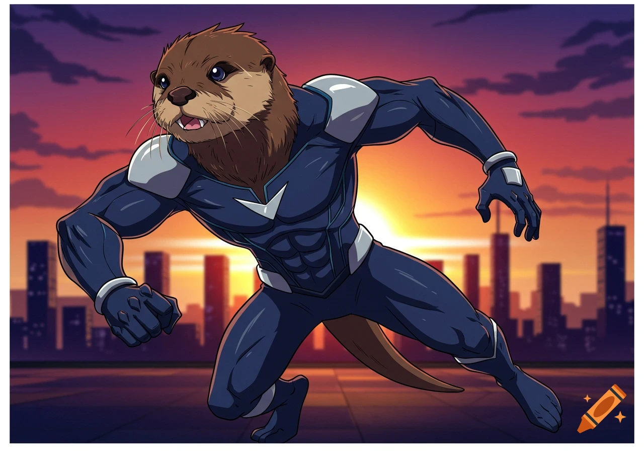 An otter superhero in a dark blue suit poses against a sunset cityscape in anime style.