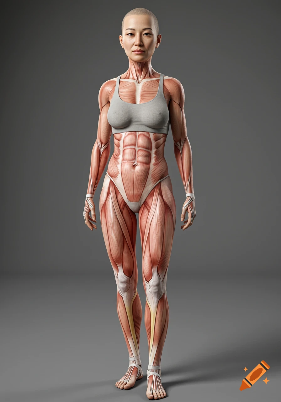 Anatomical illustration of a female figure with visible muscles