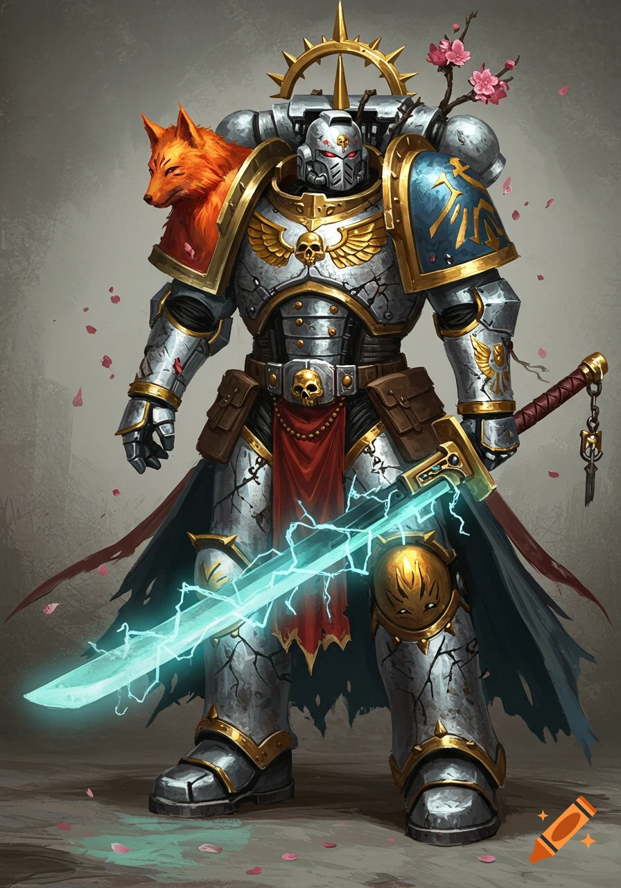 A Space Marine character in silver armor with a glowing sword, fox fur, and cherry blossoms.