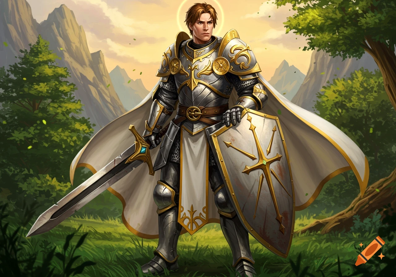 A paladin knight in shining armor holds a sword and shield in a fantasy landscape at sunset.