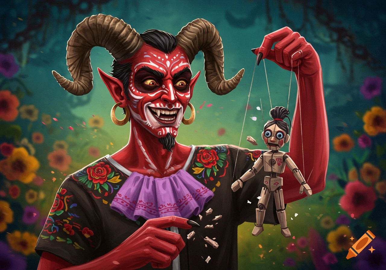 A red devil character with face paint and horns holds a wooden string puppet with broken strings.