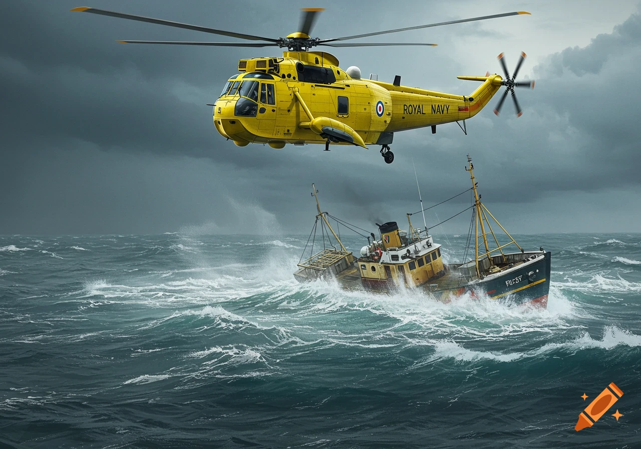 Yellow Royal Navy helicopter hovers over sinking fishing trawler in stormy sea.