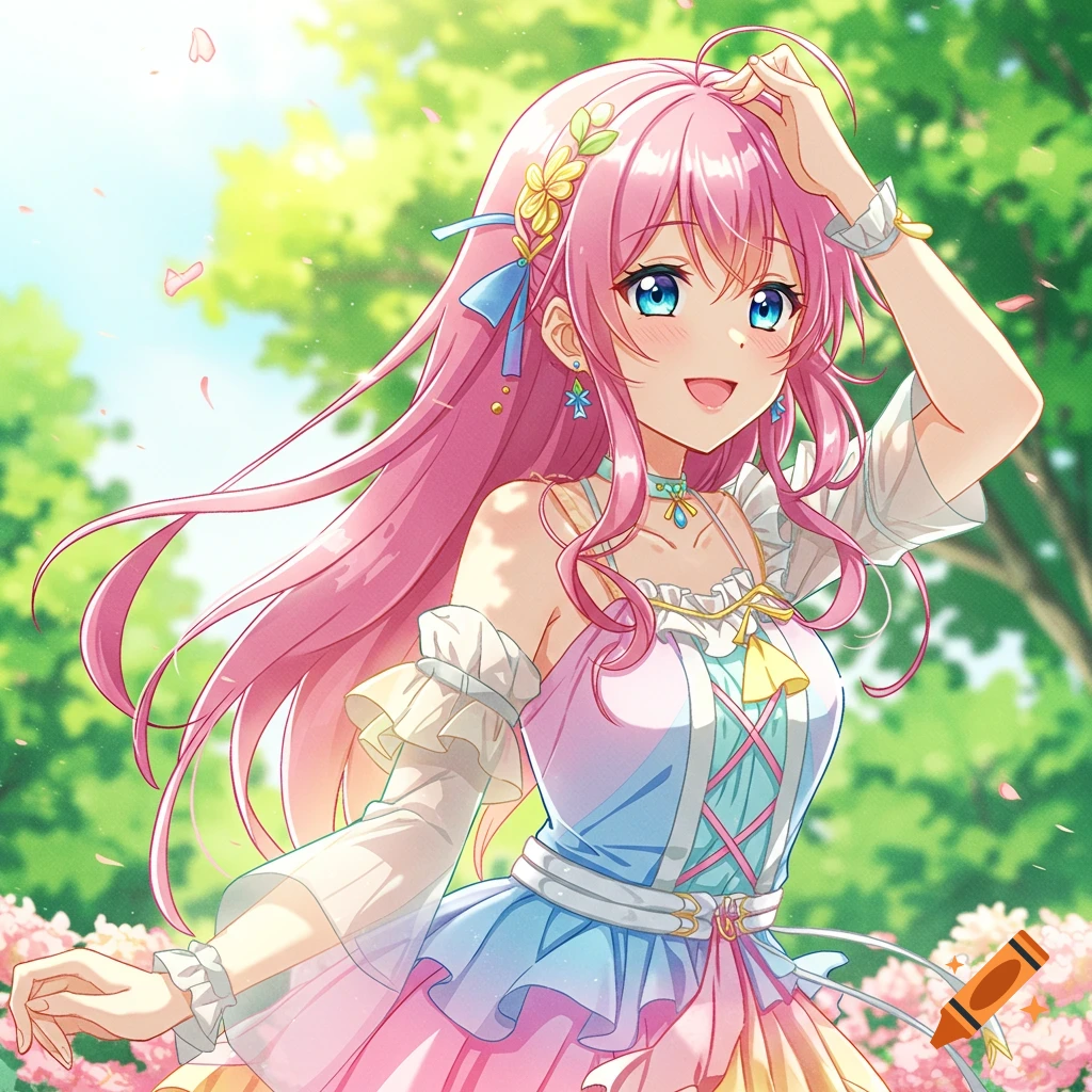 Anime girl with pink hair smiling in a garden