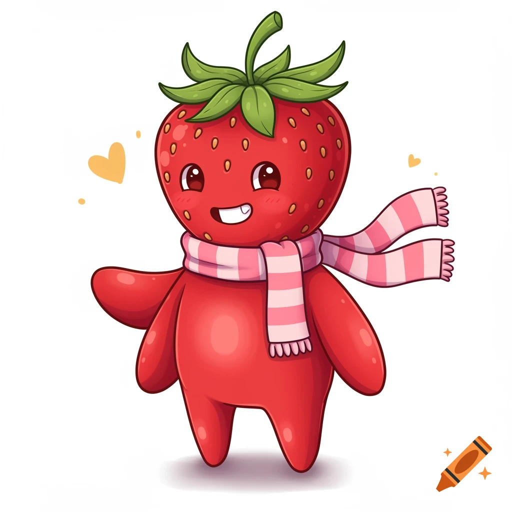 A cute cartoon strawberry character wearing a pink and white striped scarf.