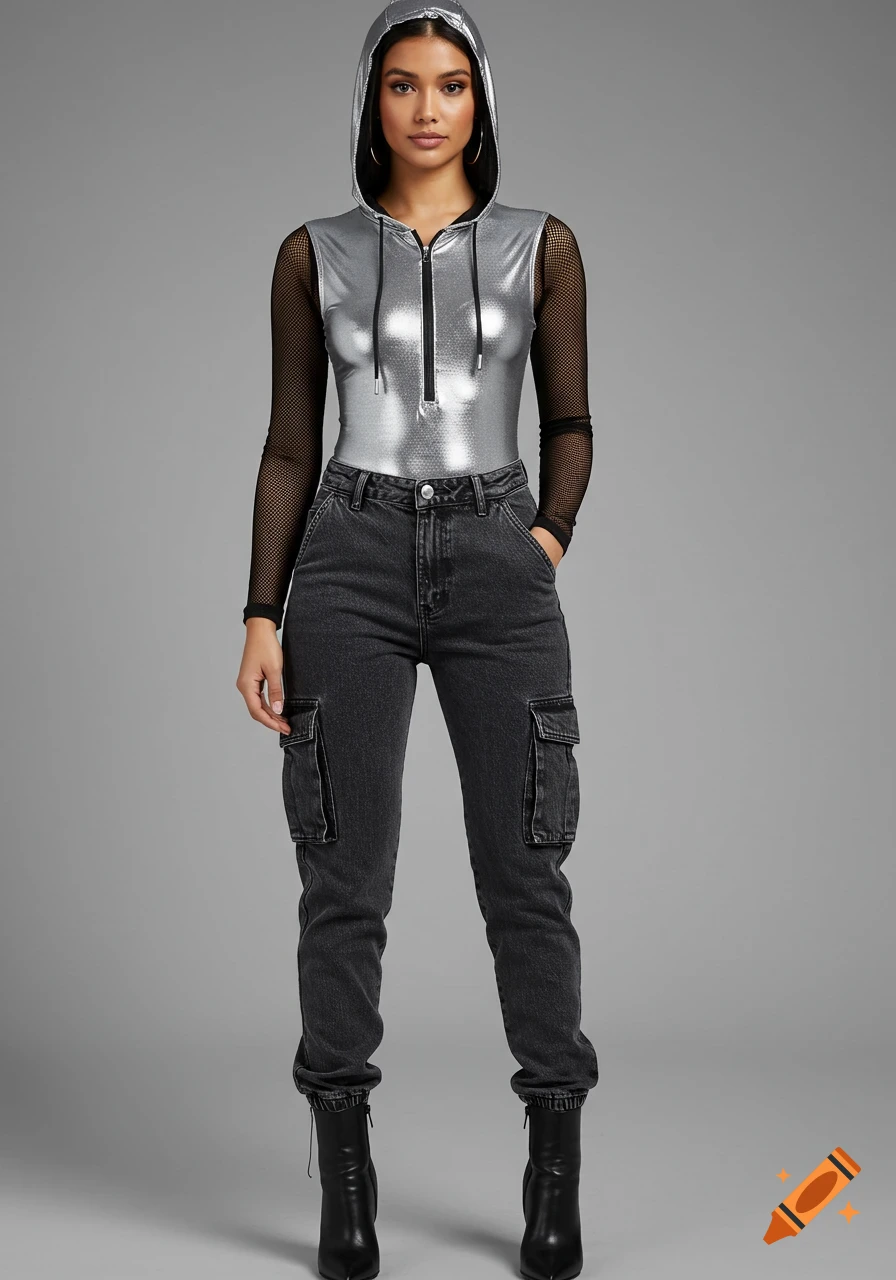 Woman modeling a silver hooded bodysuit with mesh sleeves, grey cargo pants, and black boots.