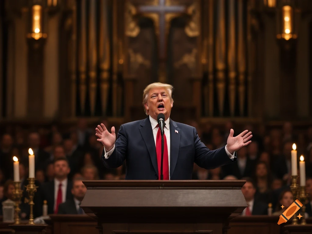 Donald Trump speaks at a podium in a cathedral