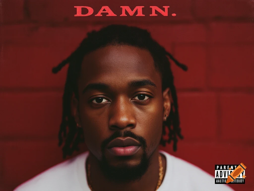 Close-up portrait of a Black man with dreadlocks, styled as an album cover with 'DAMN.' and 'Parental Advisory' text on a red background.