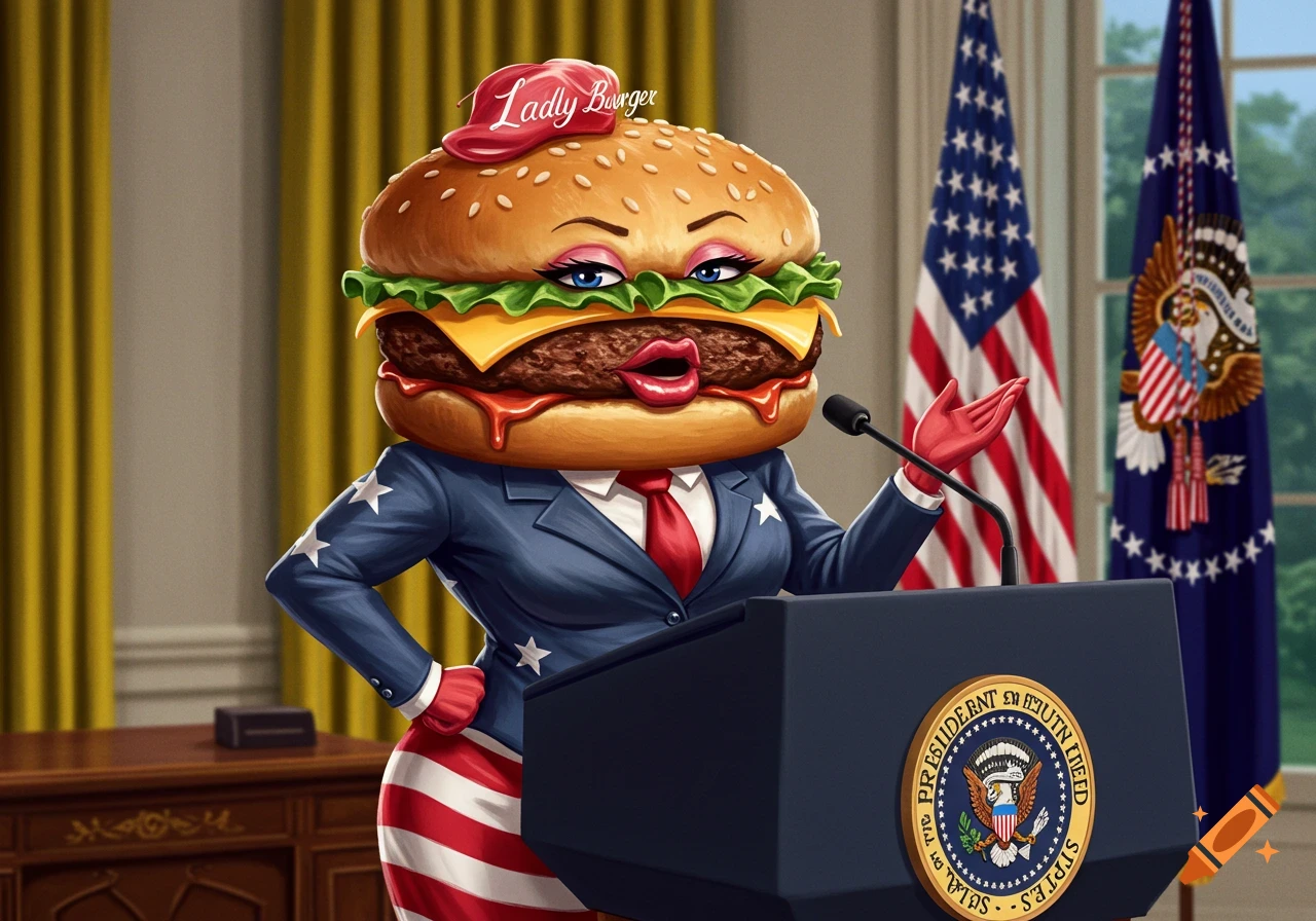 A cartoon burger character wearing a suit speaks at a podium in an office resembling the Oval Office, flanked by flags.