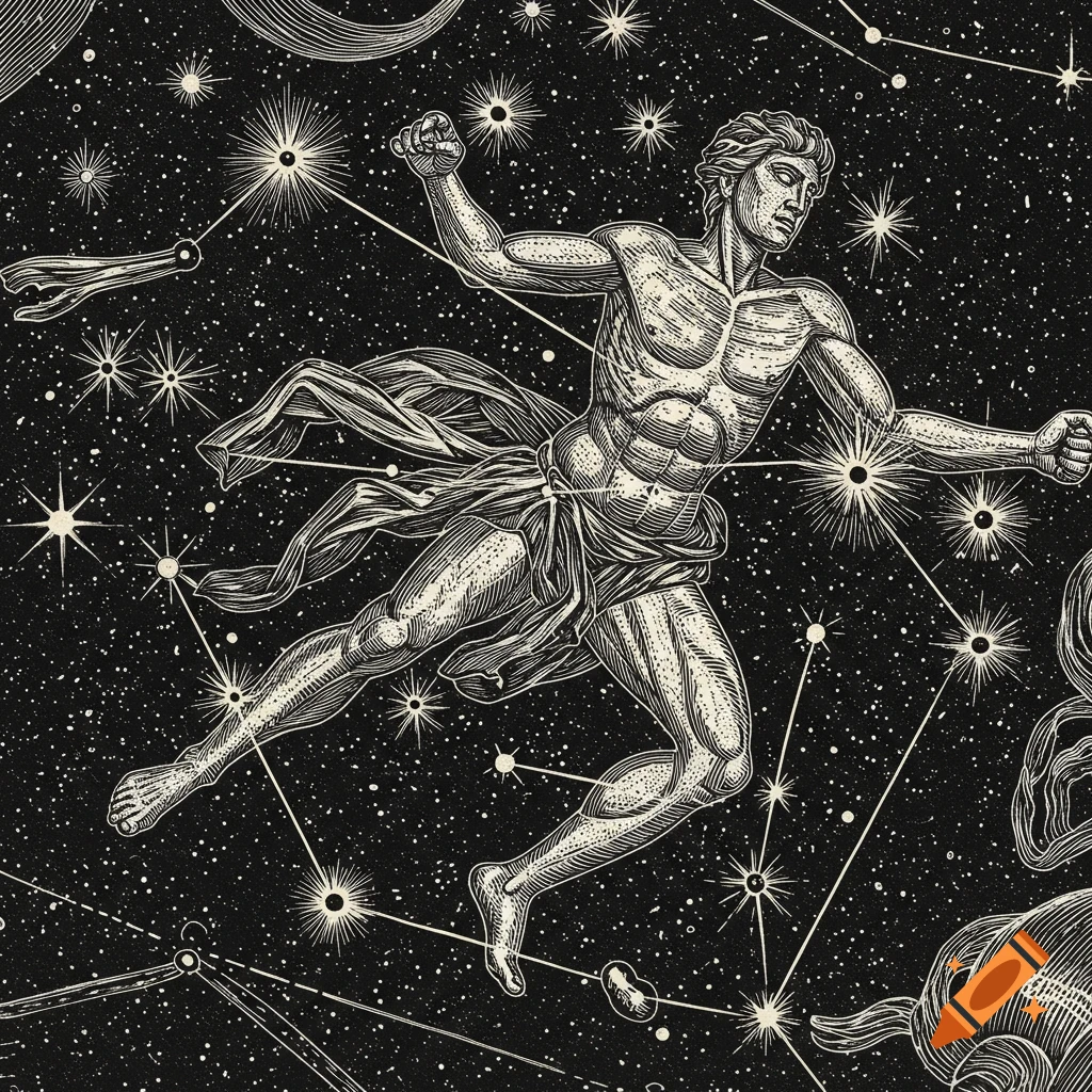 Woodcut illustration of the constellation Orion as a muscular figure in a starry sky.