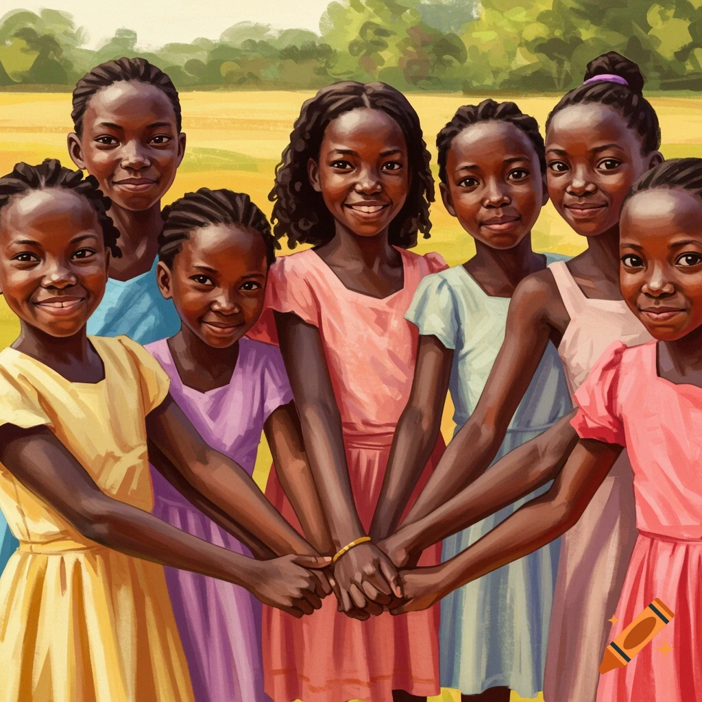 Group of Black girls holding hands in a vibrant image.
