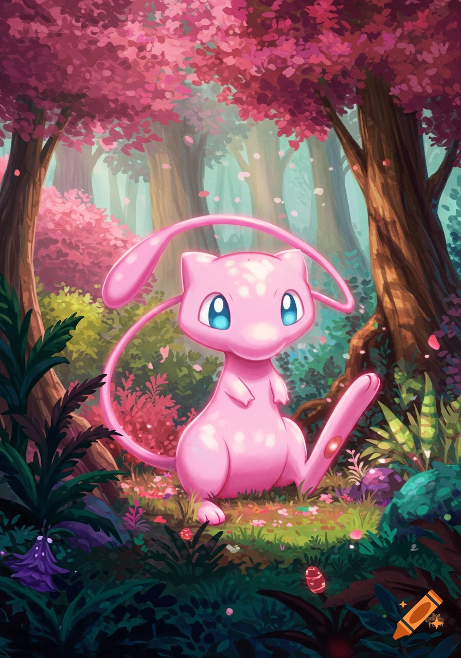 Pokemon Mew sitting in a lush forest