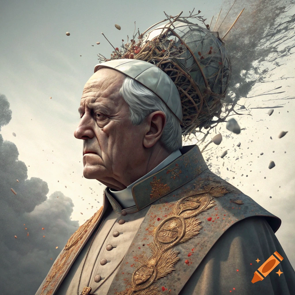 Profile view of a figure resembling a pope with a chaotic, exploding headdress structure against a cloudy sky.