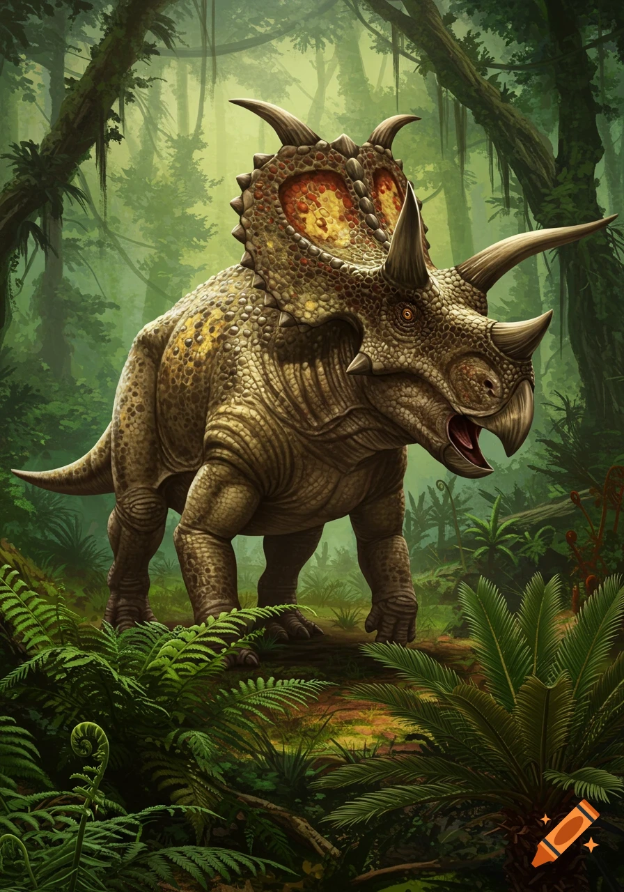 An Achelousaurus dinosaur standing in a lush jungle.