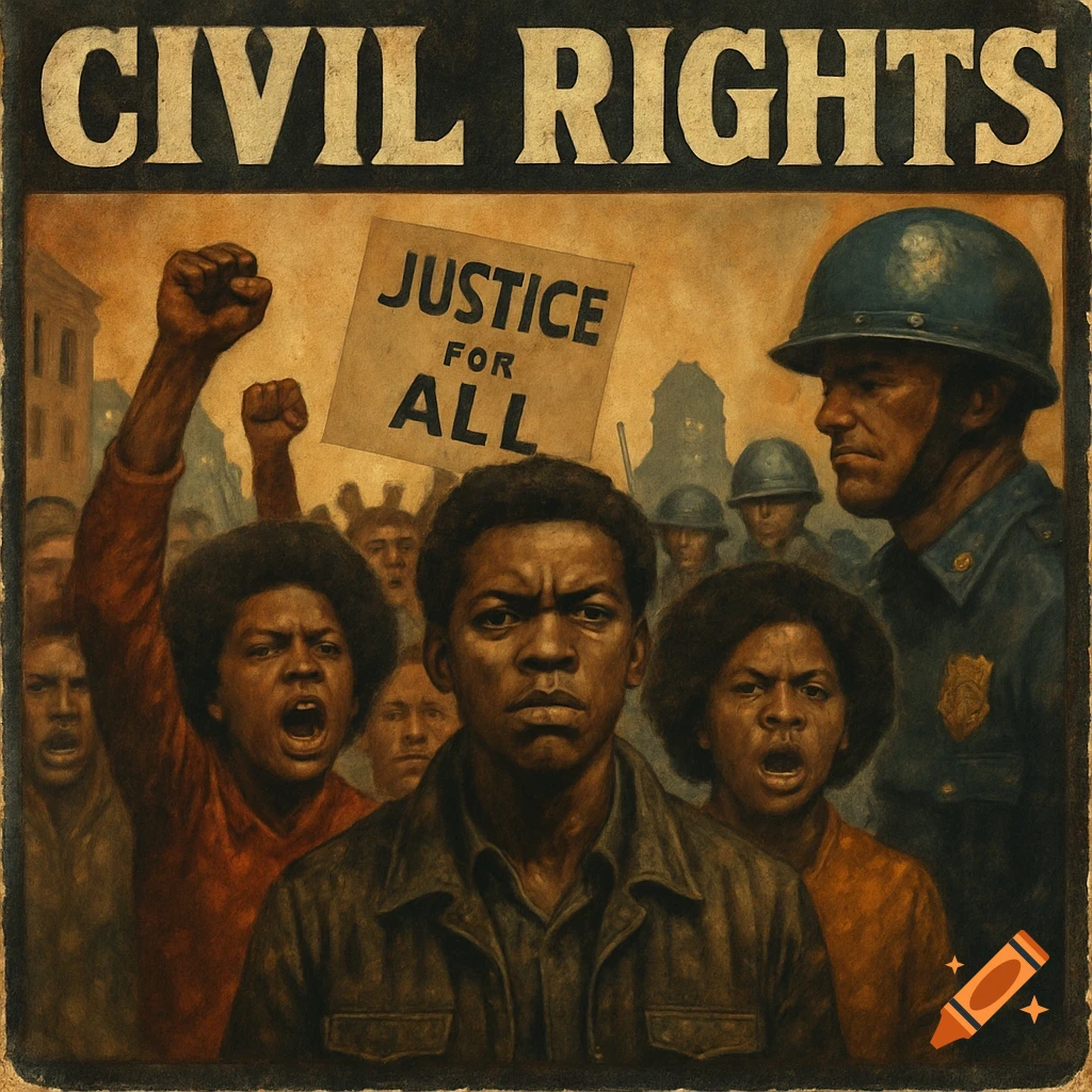 A depiction of civil rights protesters holding a sign that says 'Justice for All', with a police officer in the background. Text at top reads 'Civil Rights'.