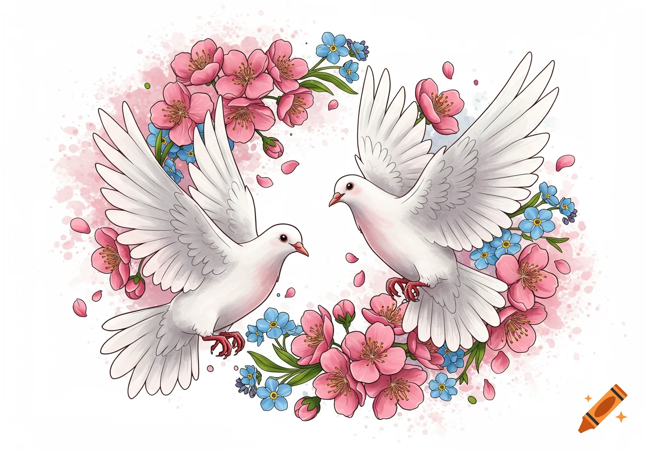 Two white doves flying among pink cherry blossoms and blue flowers