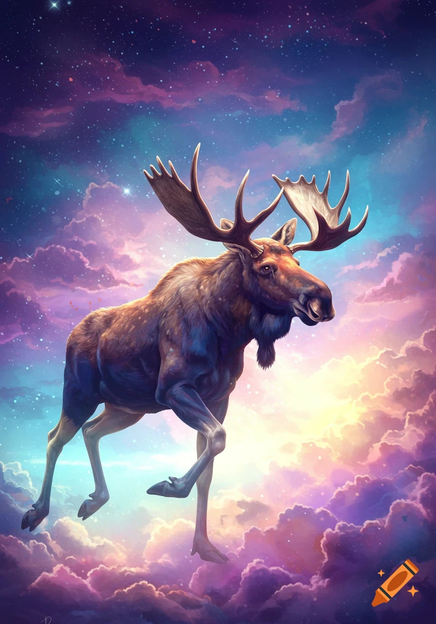 A moose flying through a starry, cloudy sky with a bright glow.