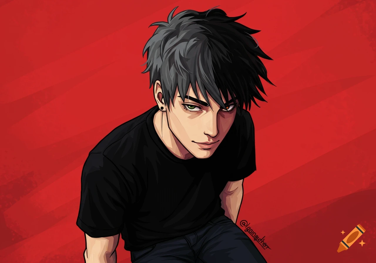 Digital illustration of an anime-style young man with dark spiky hair looking up at the viewer, against a red background.
