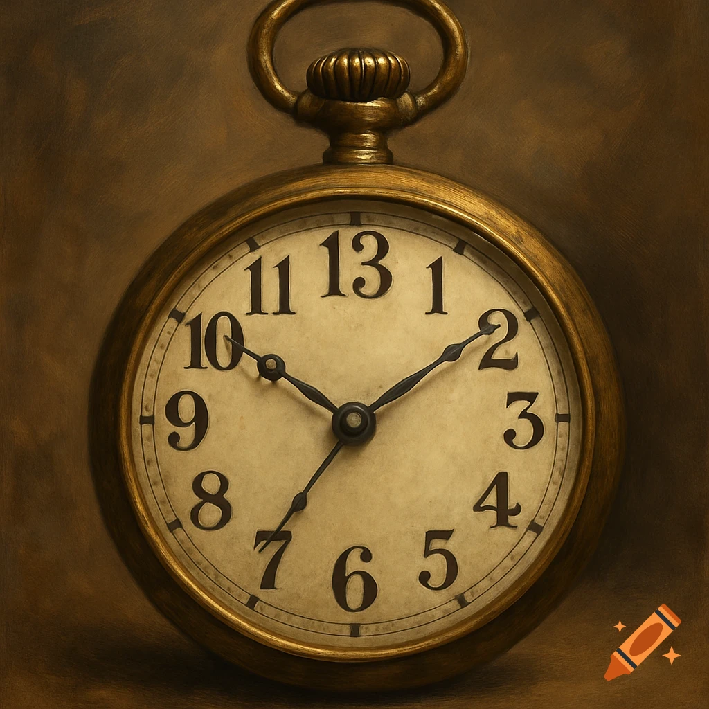 A brass pocket watch face showing the numbers 1-11 and 13.