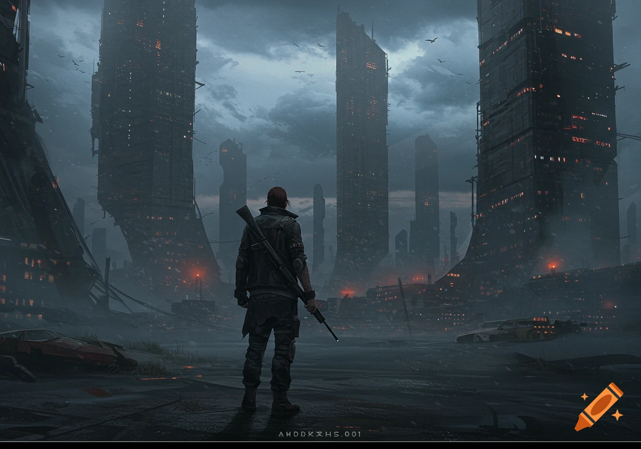 A figure with a rifle surveys a dark dystopian city.