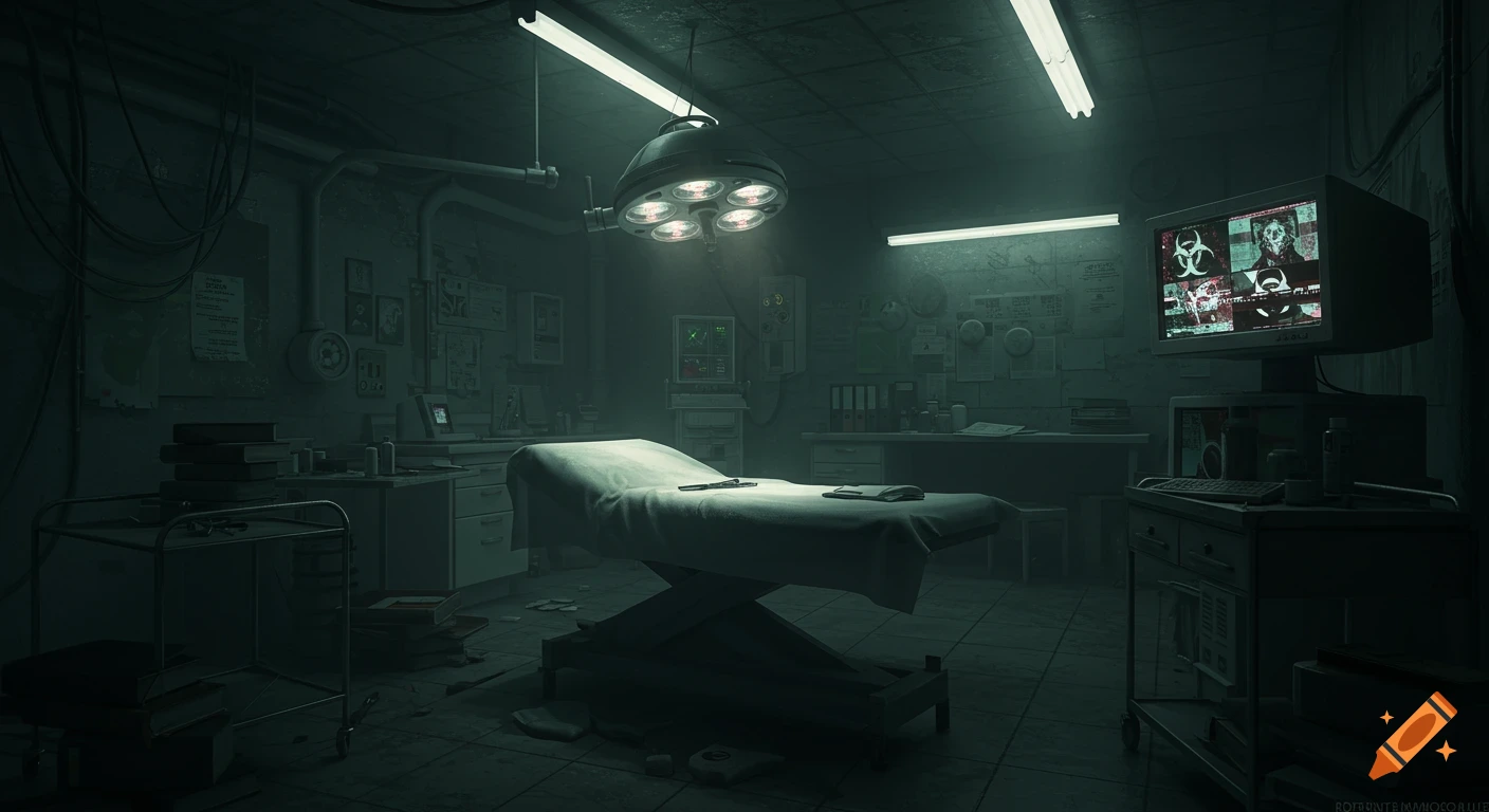 A dark, creepy medical or operating room with a table, medical equipment, and monitors, in a cinematic cyberpunk style.