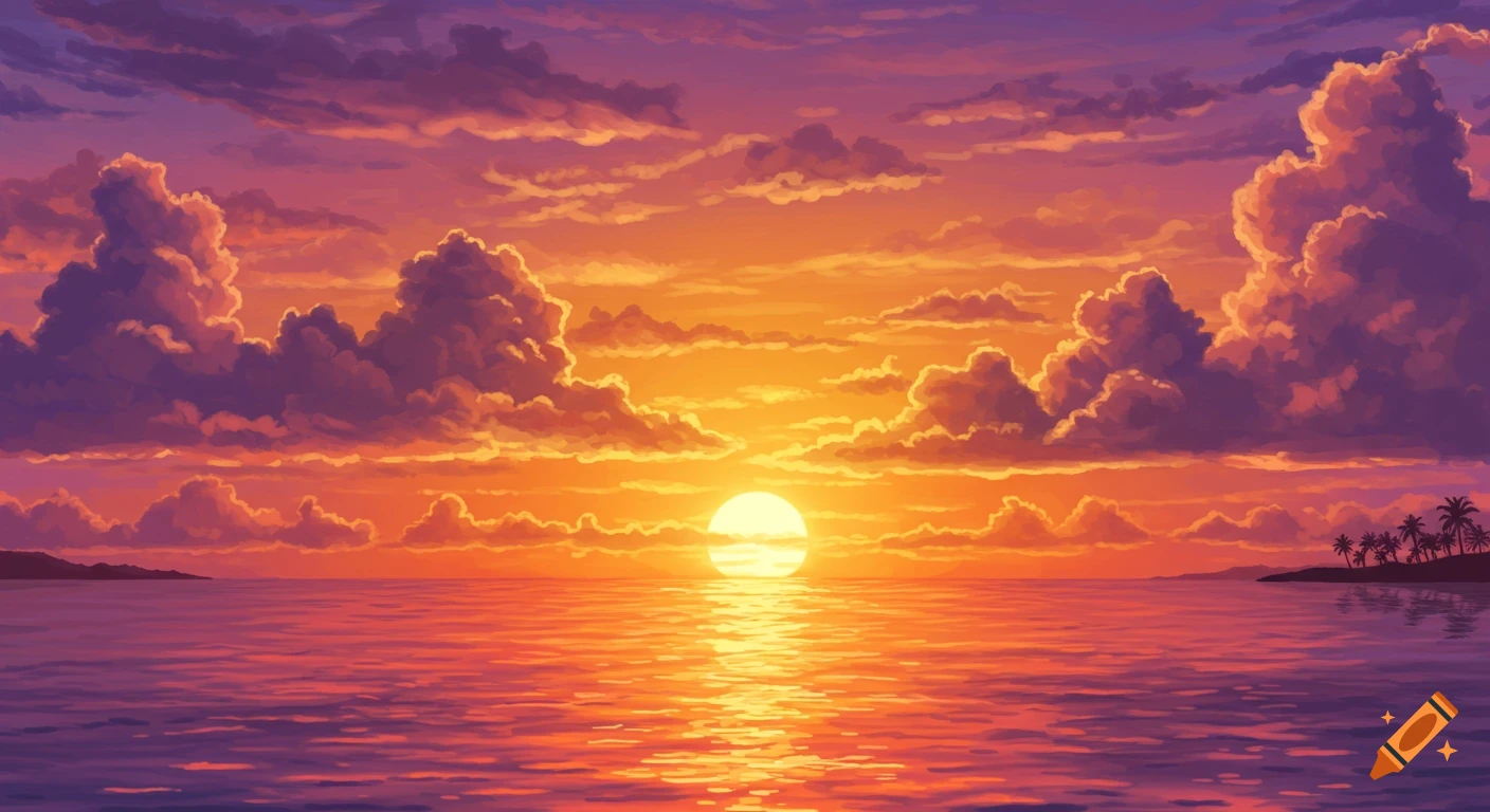 A vibrant sunset over the ocean with colorful clouds and distant islands.