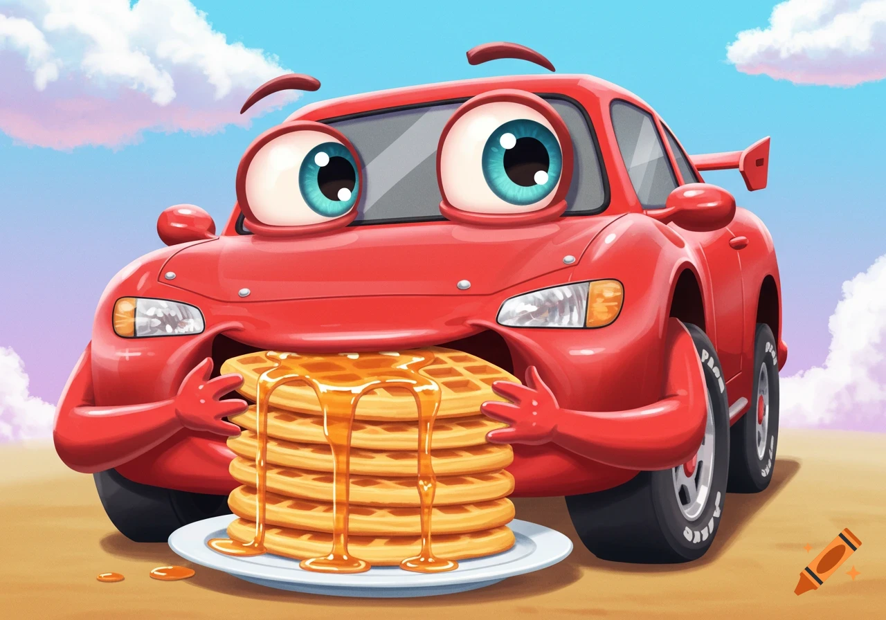 Cartoon red car with big eyes eating a stack of waffles with syrup.