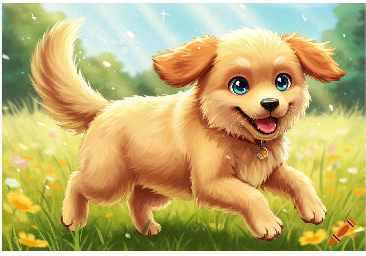 A cute cartoon puppy with blue eyes runs through a field of grass and flowers.