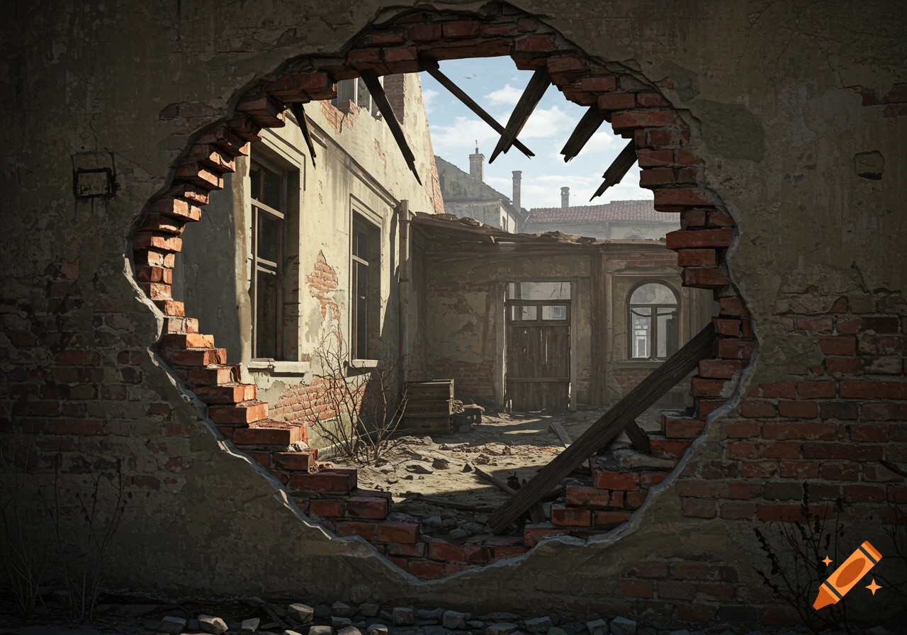 View through a hole in a brick wall into the debris-filled courtyard of a destroyed building.