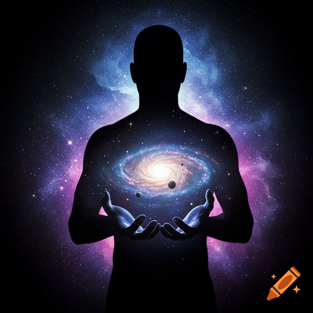 Silhouette of a person holding a galaxy against a starry cosmic background.