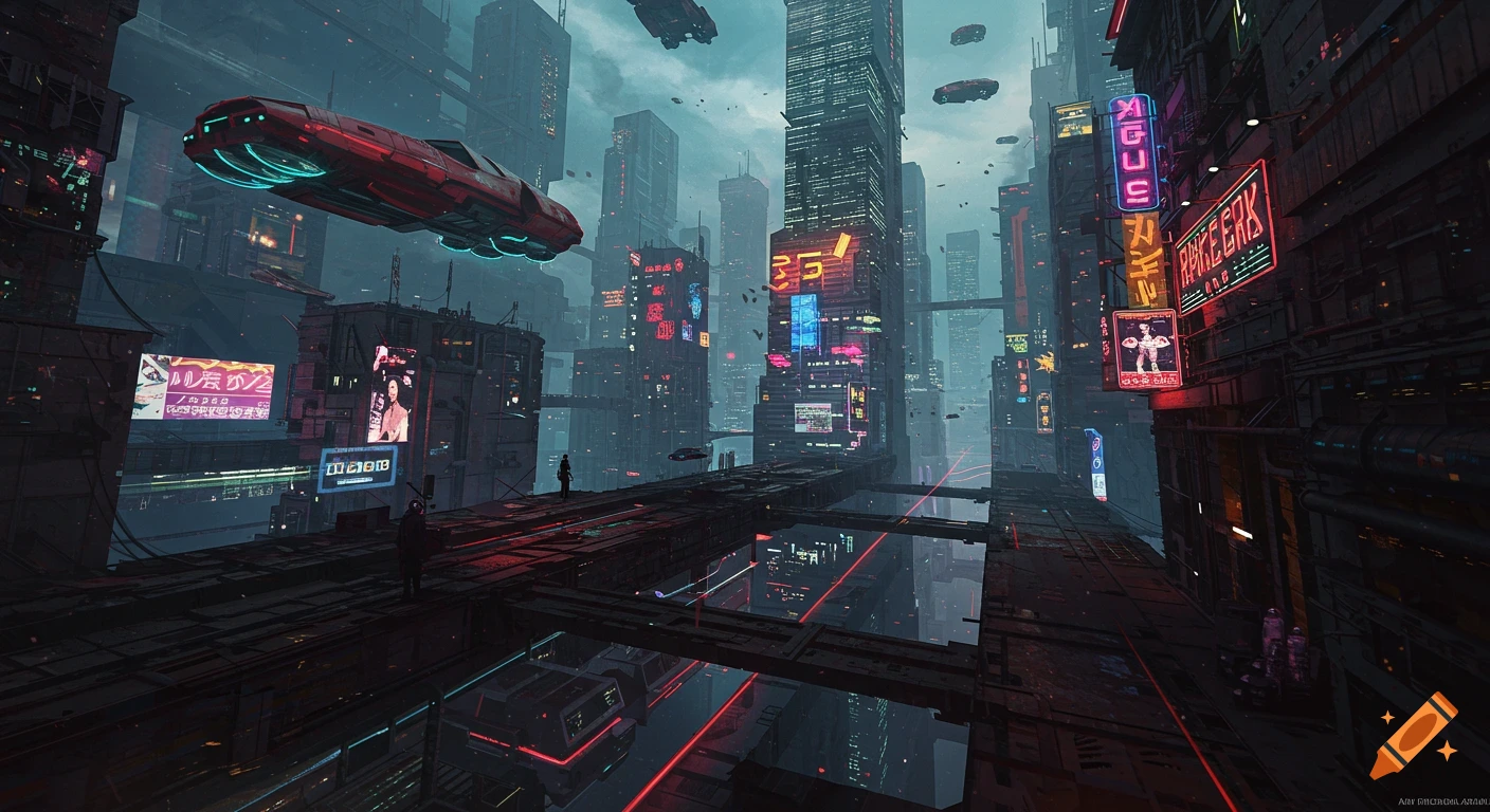 Dark futuristic cityscape with tall buildings, neon signs, flying vehicles, and elevated structures.