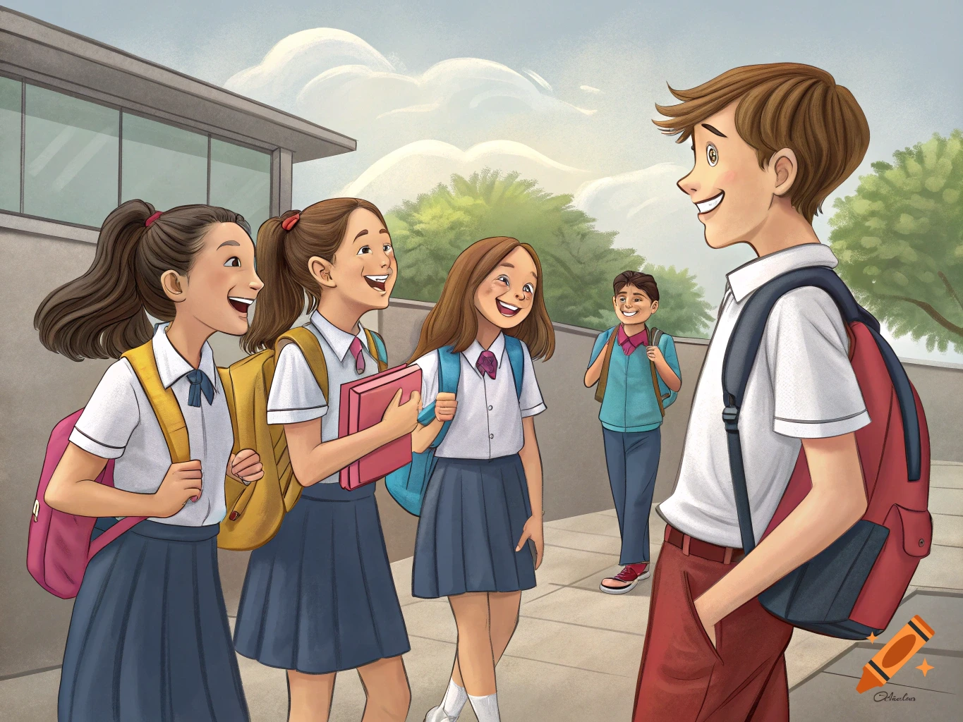 Illustration of school students in uniform talking outside