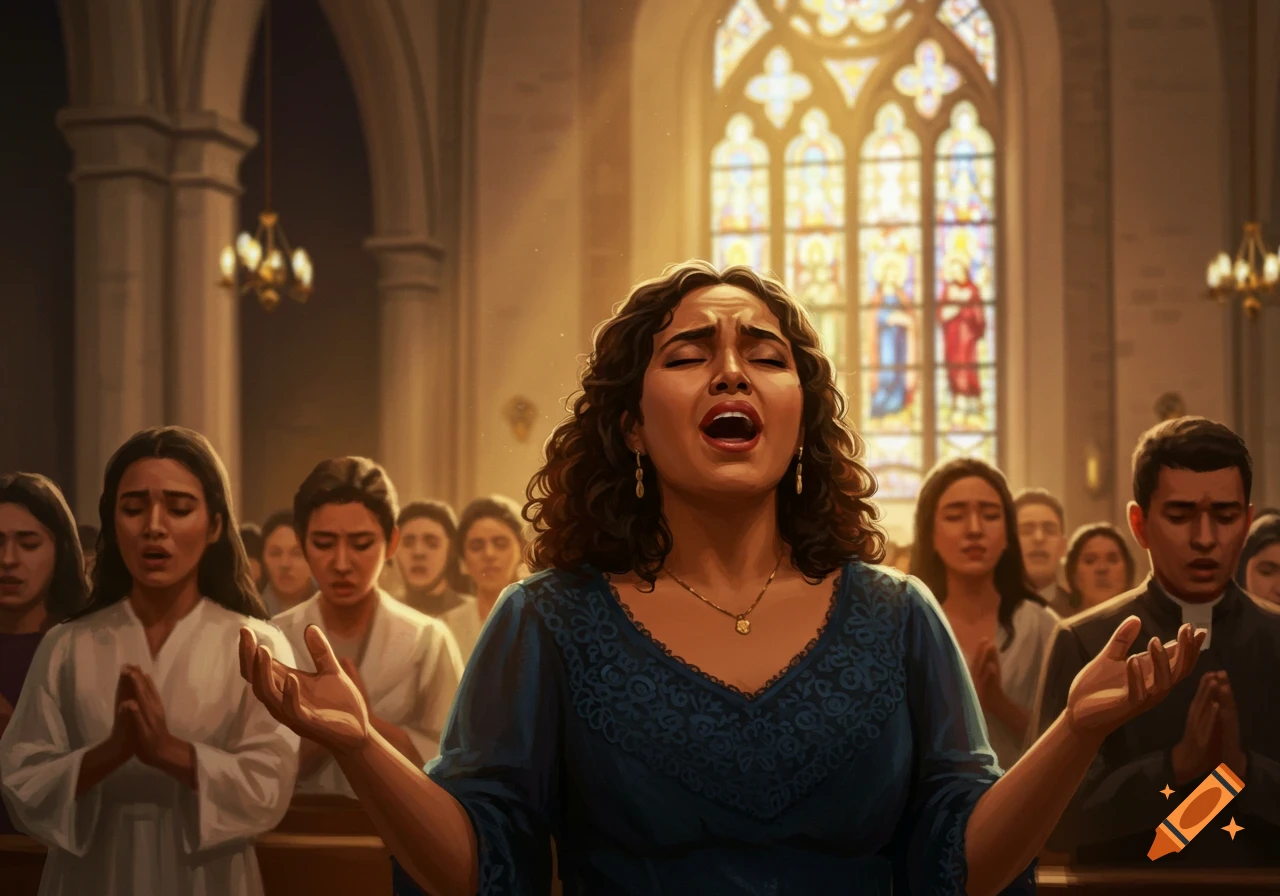 A woman is singing with others in a church.
