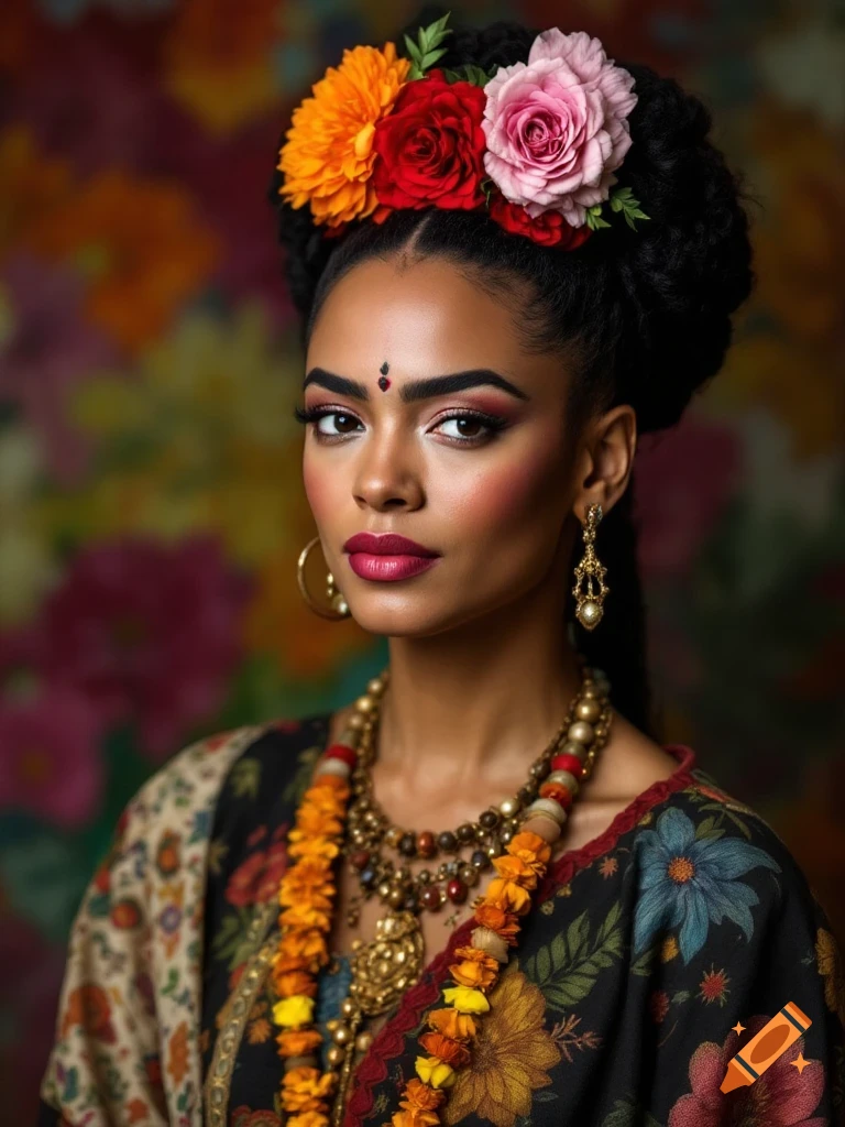 Portrait of a woman in traditional clothing with flowers in her hair, styled like Frida Kahlo.