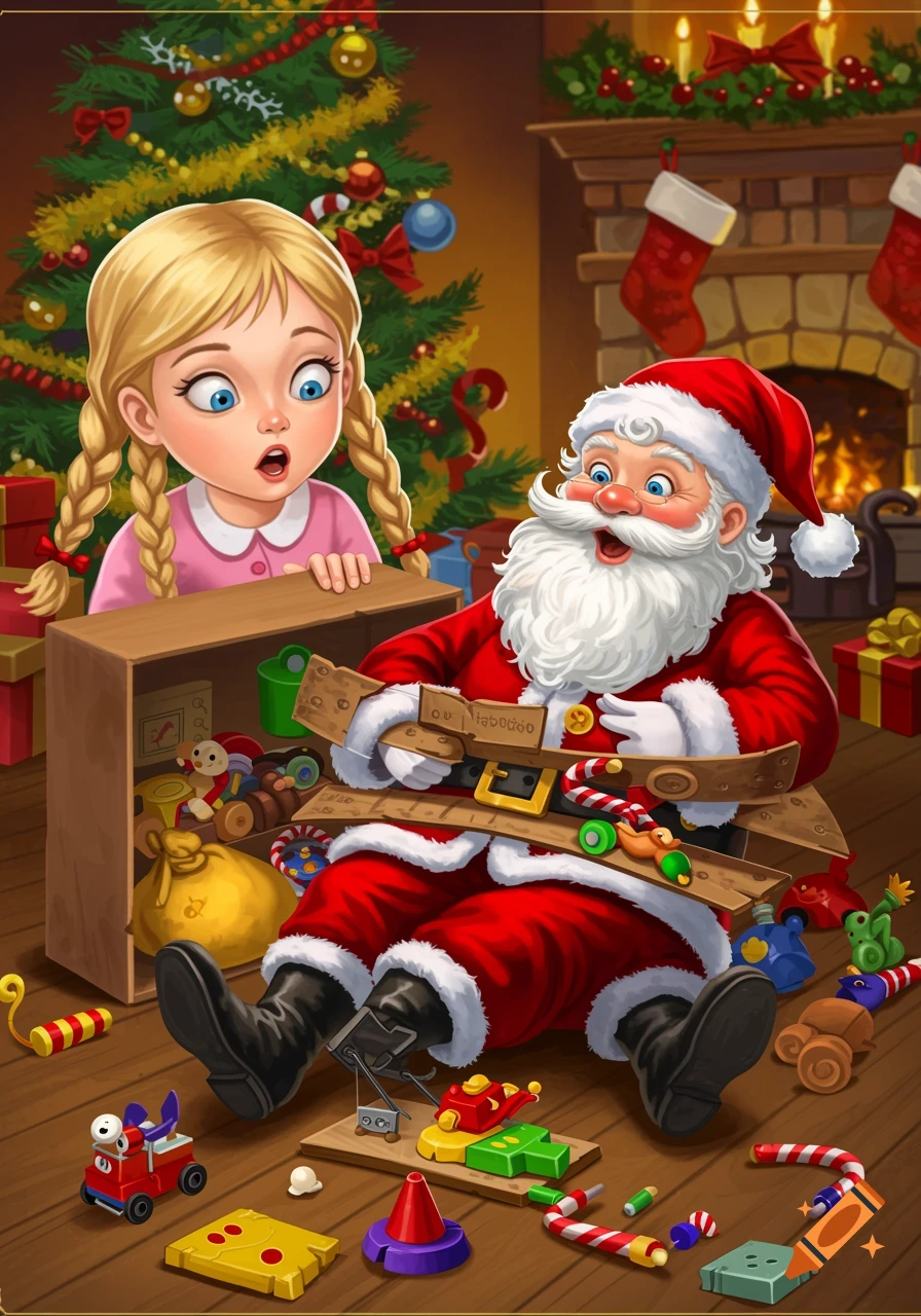 A cartoon girl watches as Santa is tangled in a toy trap near a Christmas tree.
