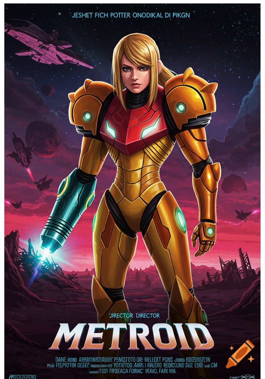 Movie poster of Samus Aran in her suit standing on a planet surface with spacecraft flying overhead.
