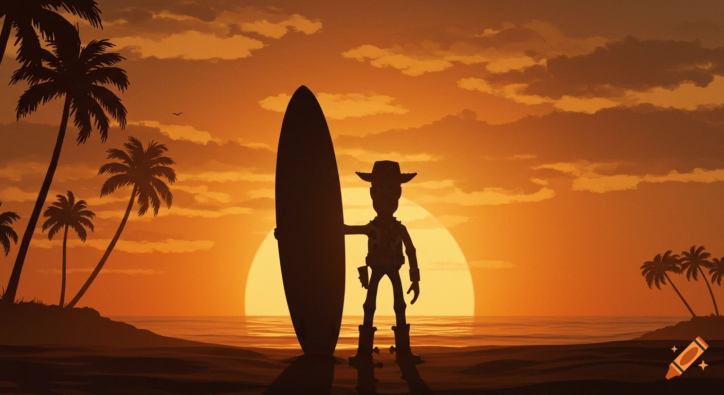 Silhouette of a character resembling Woody holding a surfboard on a beach at sunset with palm trees.