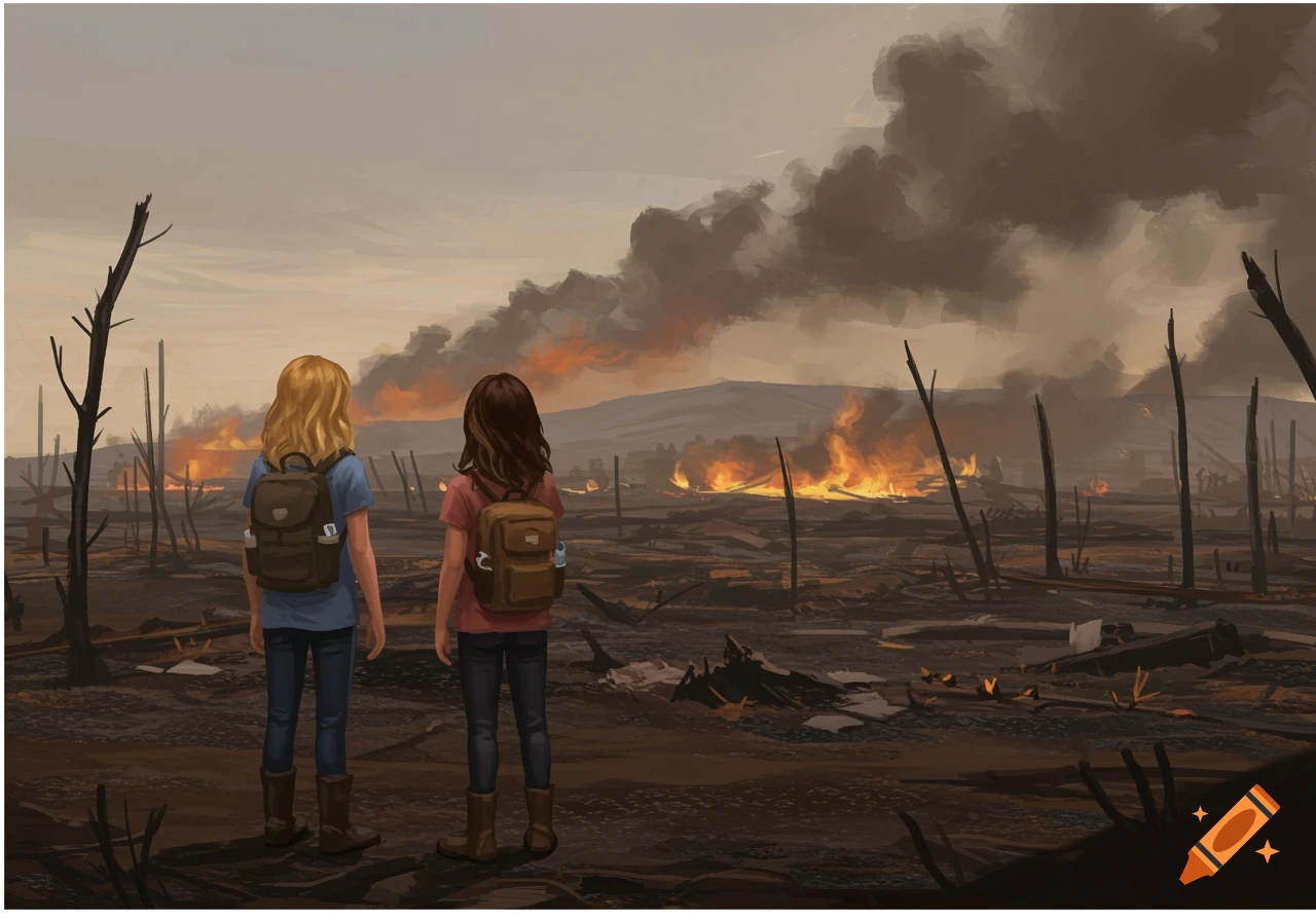 Two girls looking at a burnt landscape with fires and smoke in the distance.
