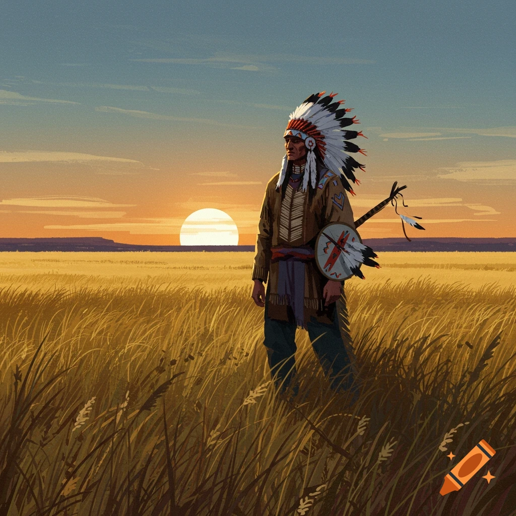 A Native American man in traditional attire standing in a grassy field at sunset.