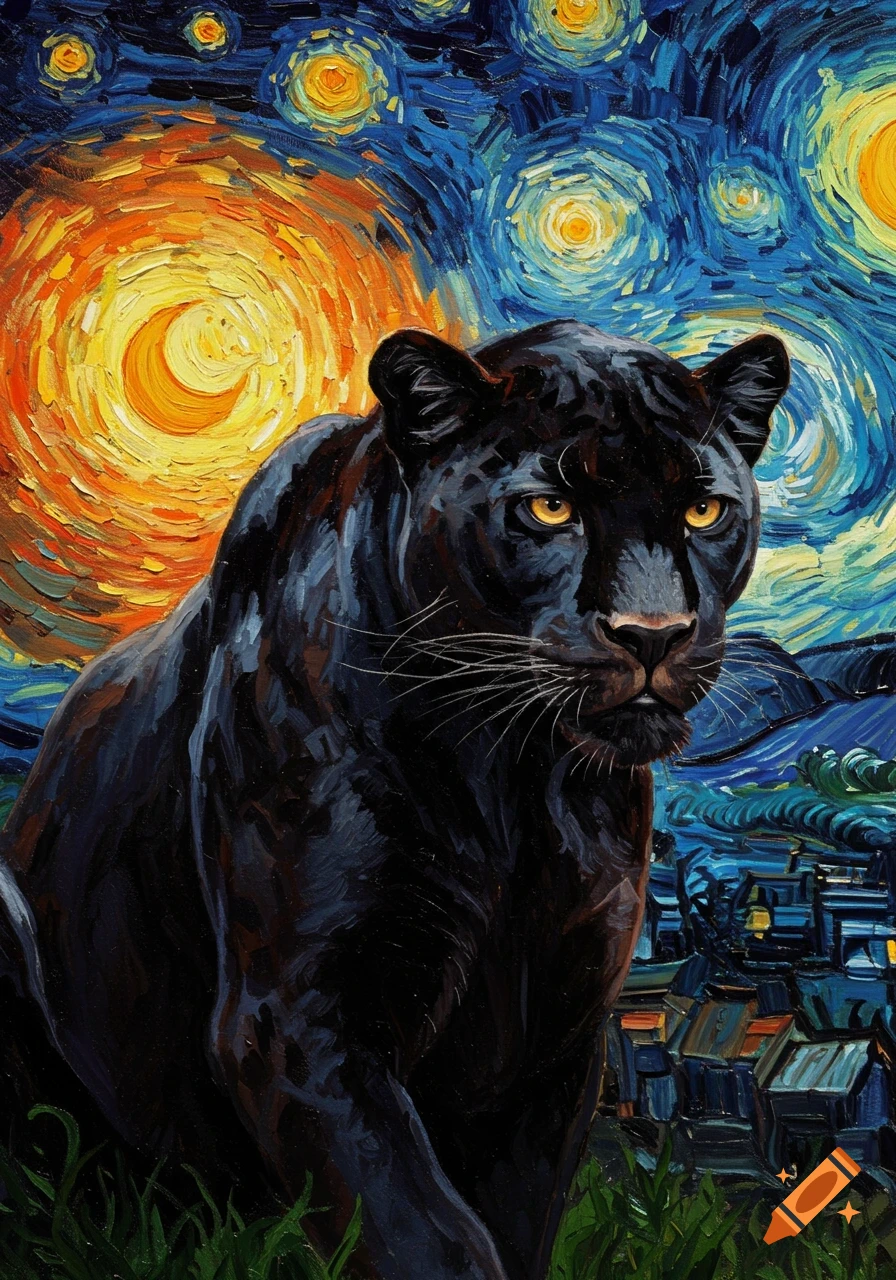 A black panther depicted in the swirling brushstrokes of Van Gogh's Starry Night style.