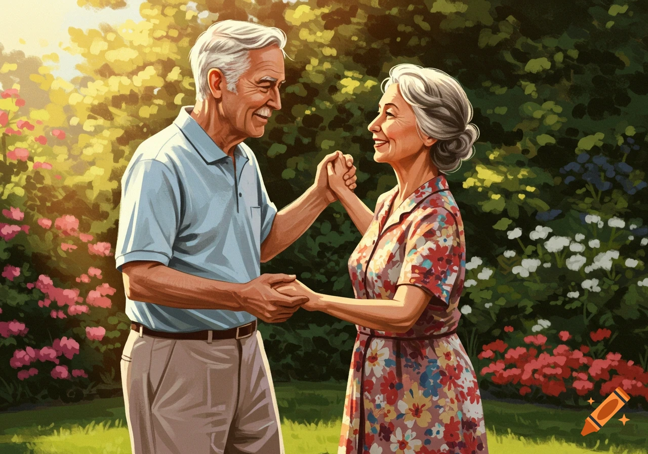 an old couple dancing in a sunny garden