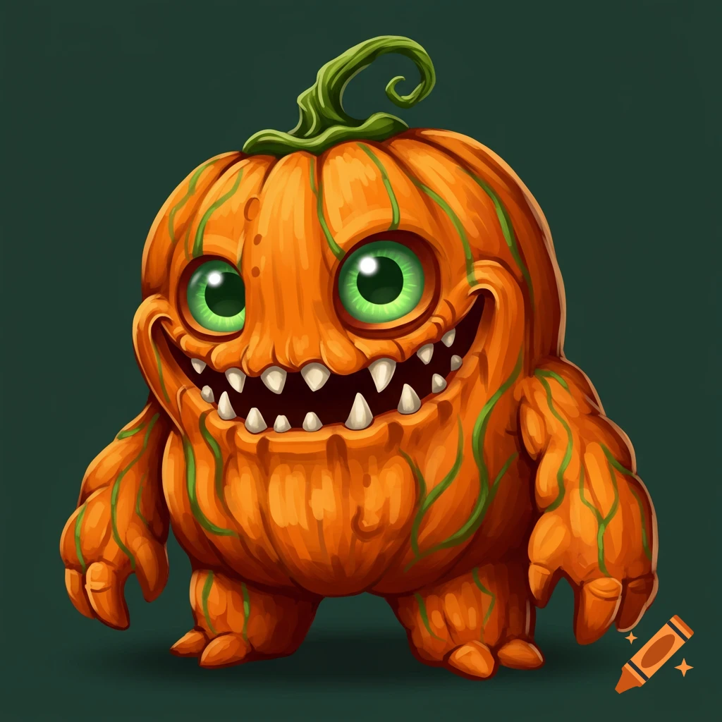 A spooky pumpkin monster with big green eyes and sharp teeth.