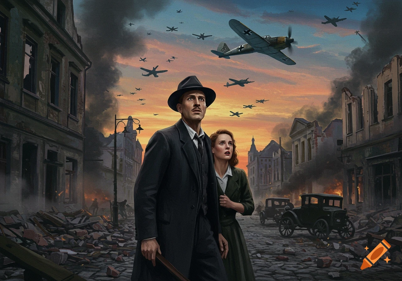 A couple looks up at German warplanes flying over a destroyed European city at sunset.
