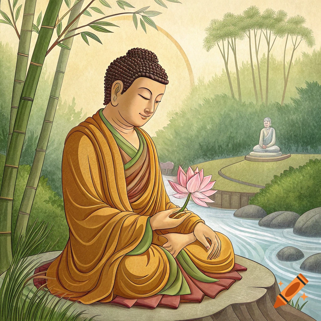 Illustration of Buddha sitting by a river, holding a pink lotus flower, with bamboo and another statue in the background.