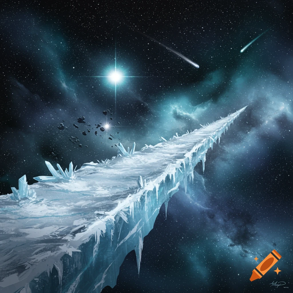 An icy bridge stretches into deep space with stars and nebulae.